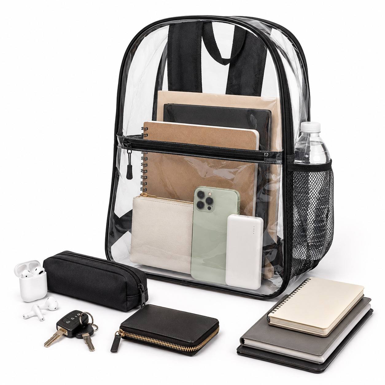Clear backpack packed with notebooks, wallet, phone, and chargers, front view