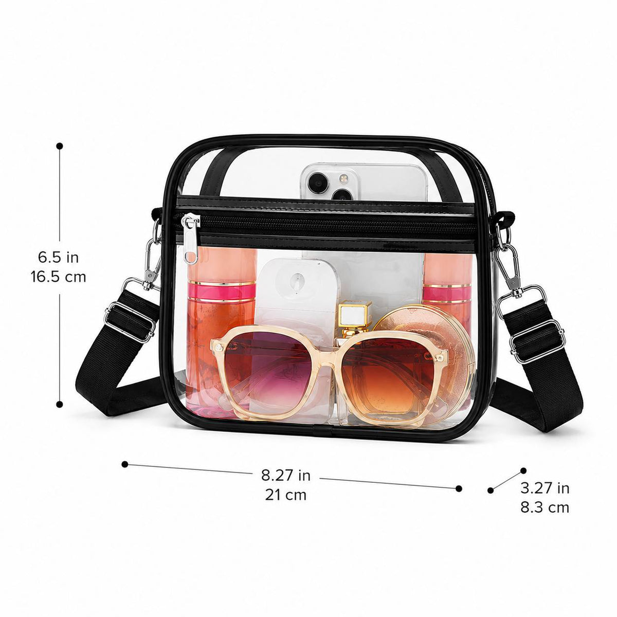 Clear bag for stadium events with zipper closure and front pocket