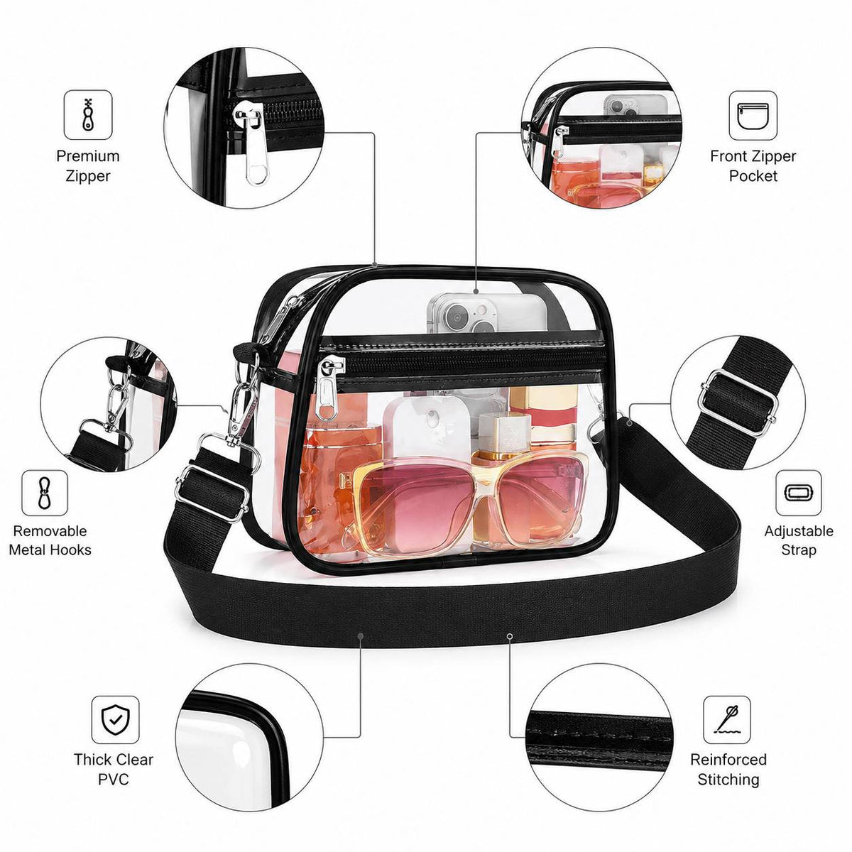 Clear bag with transparent PVC body and adjustable strap, side view