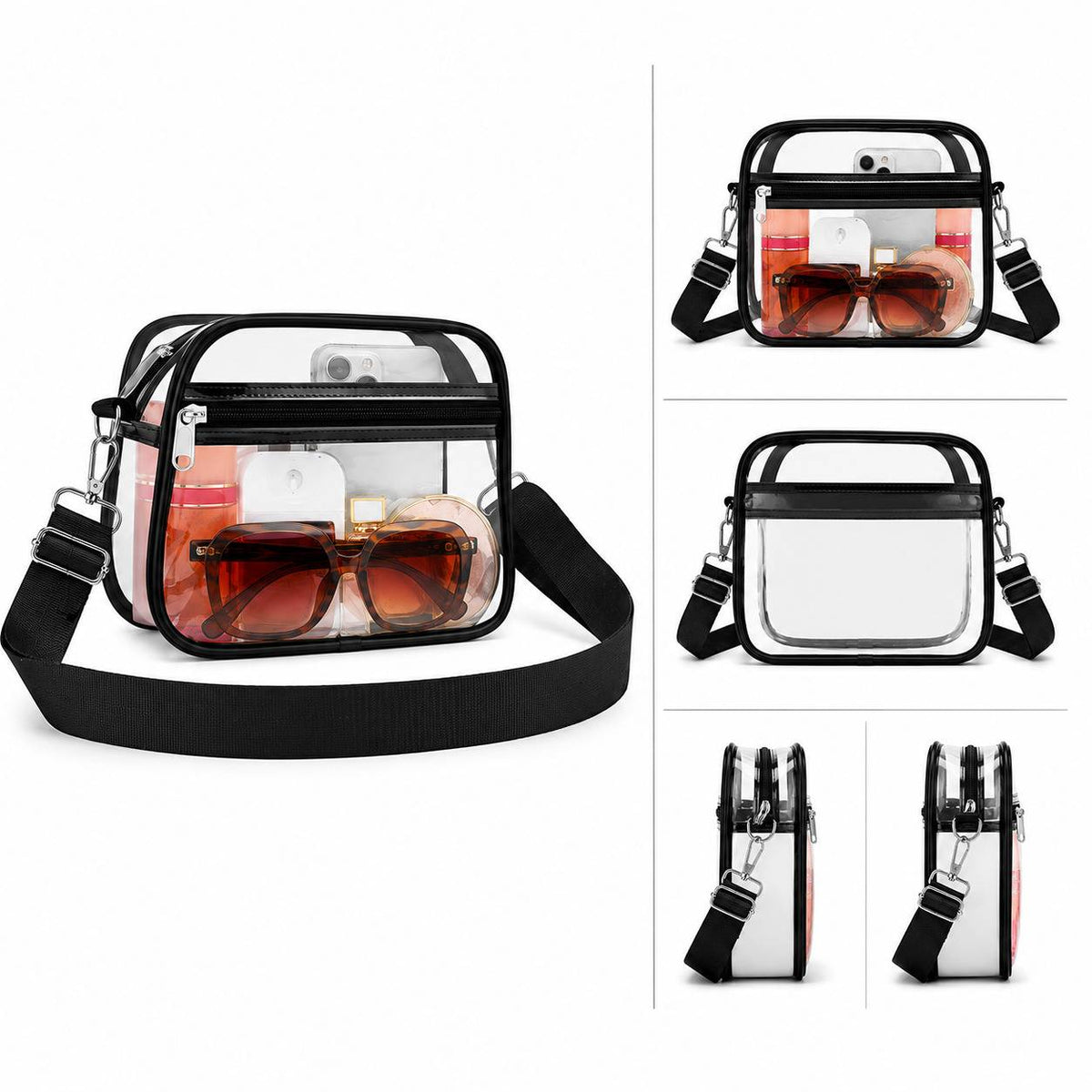 Clear crossbody bag with front zipper pocket for concerts and sports events