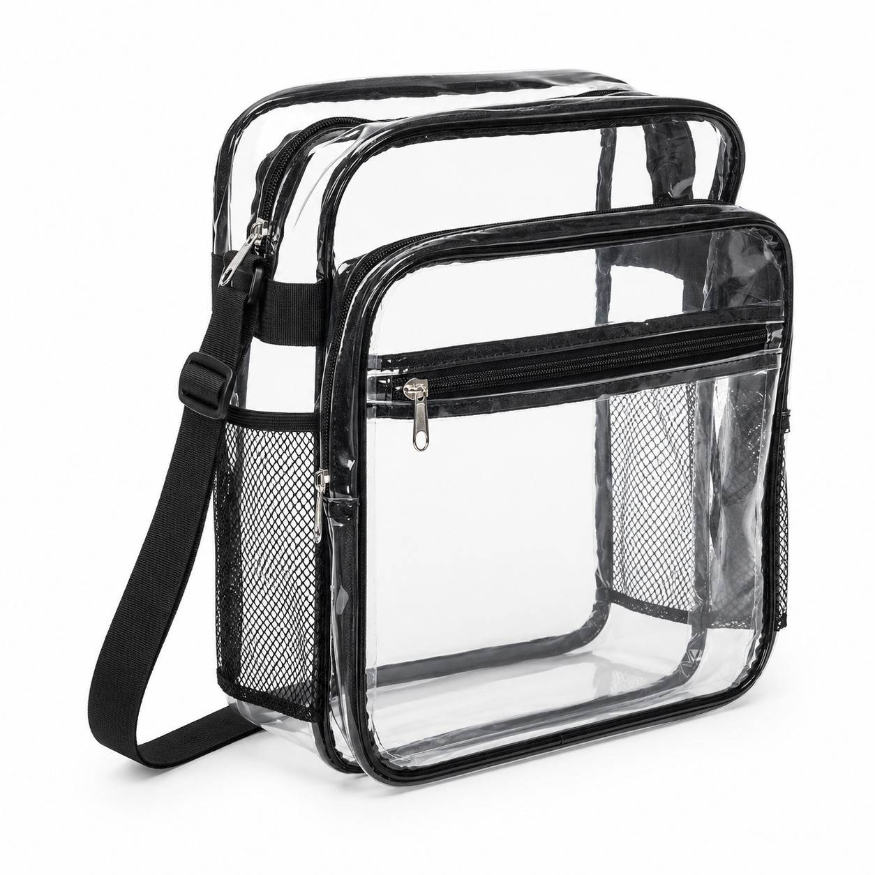 Clear crossbody bag with mesh bottle holder pockets and front zipper, angled view