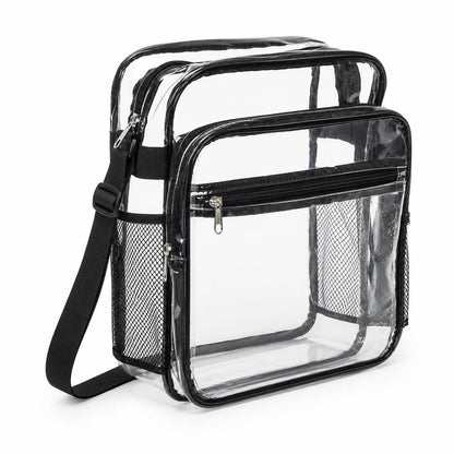 Clear crossbody bag with mesh bottle holder pockets and front zipper, angled view