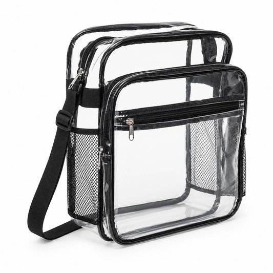 Clear crossbody bag with mesh bottle holder pockets and front zipper, angled view