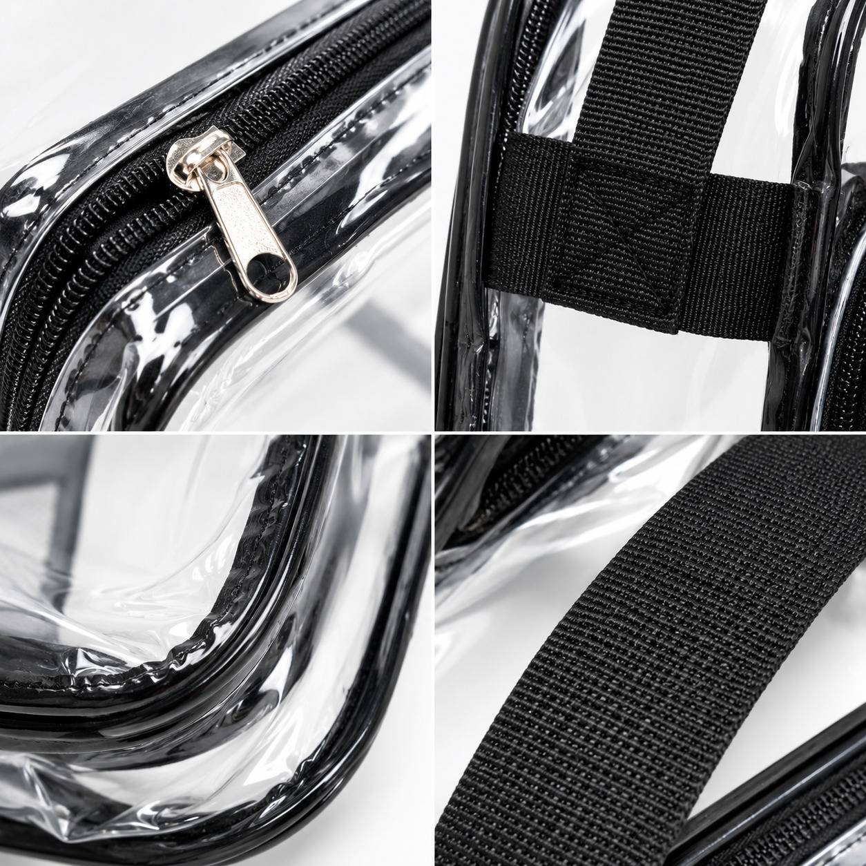Close-up details of a clear crossbody bag: zipper pull, strap loop, seam stitching, webbing strap