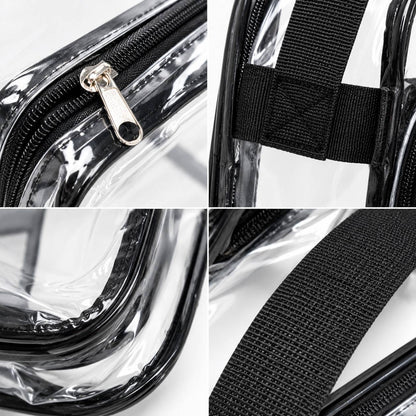 Close-up details of a clear crossbody bag: zipper pull, strap loop, seam stitching, webbing strap