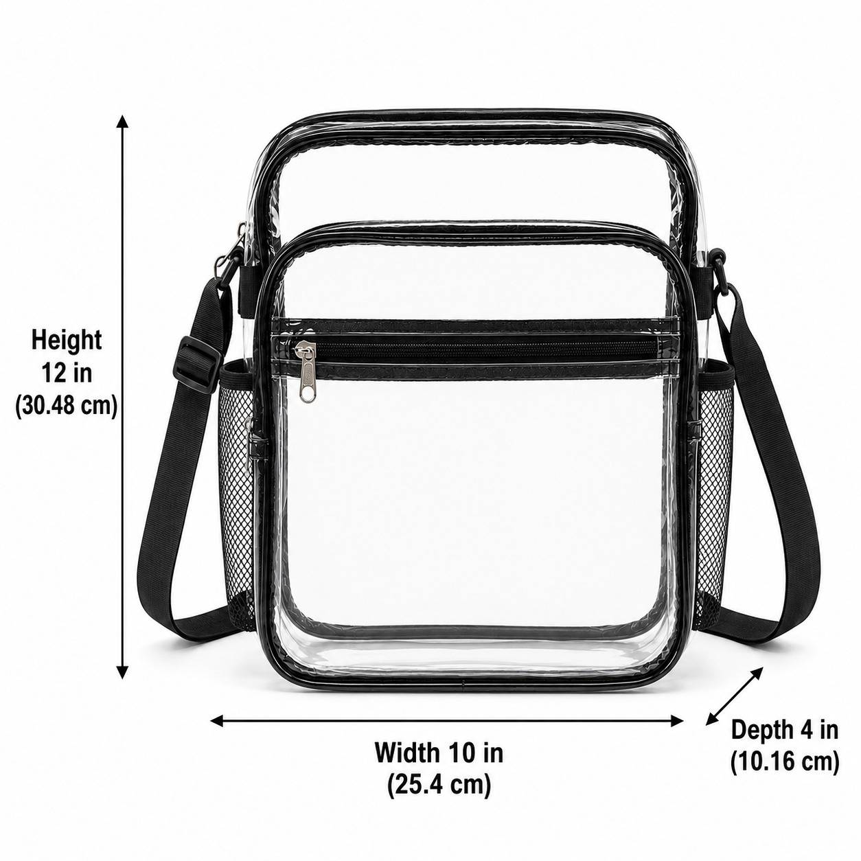 Clear crossbody bag dimensions: 10 inches wide, 12 inches high, 4 inches deep