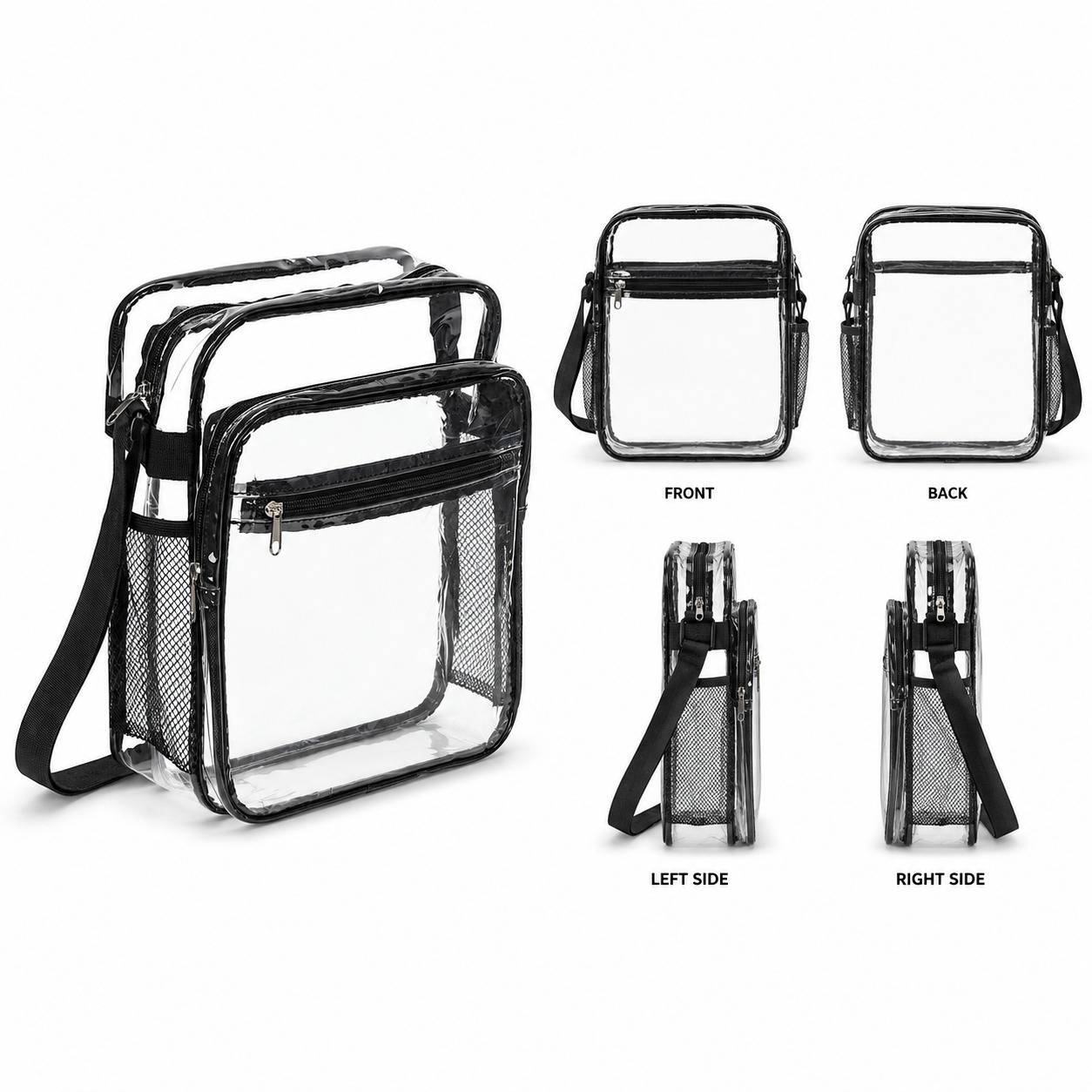Clear crossbody bag with bottle holders shown from front, back, left side, and right side