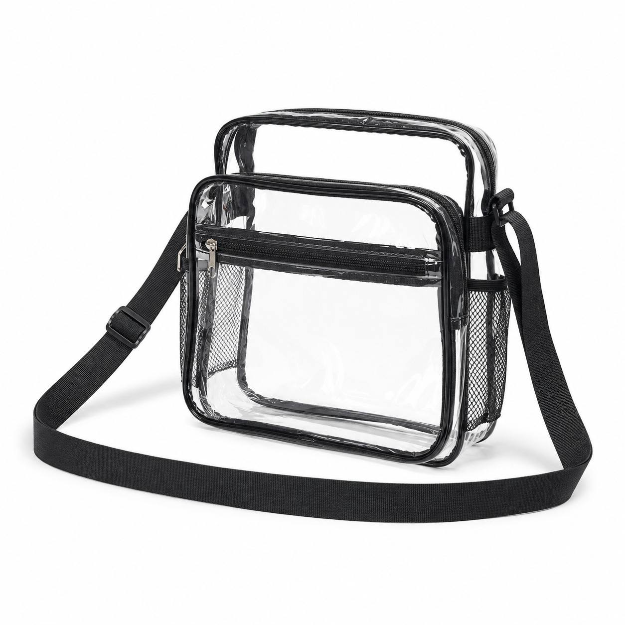 Clear crossbody bag with mesh water bottle holders, empty, angled product view