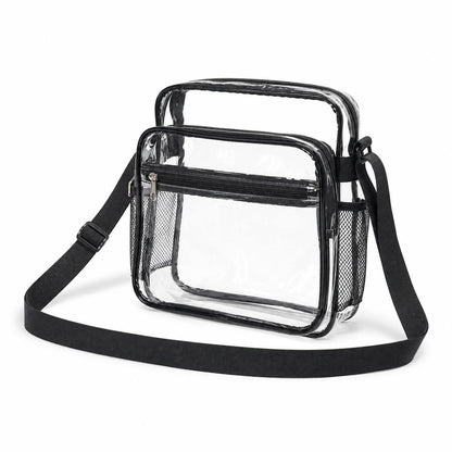 Clear crossbody bag with mesh water bottle holders, empty, angled product view