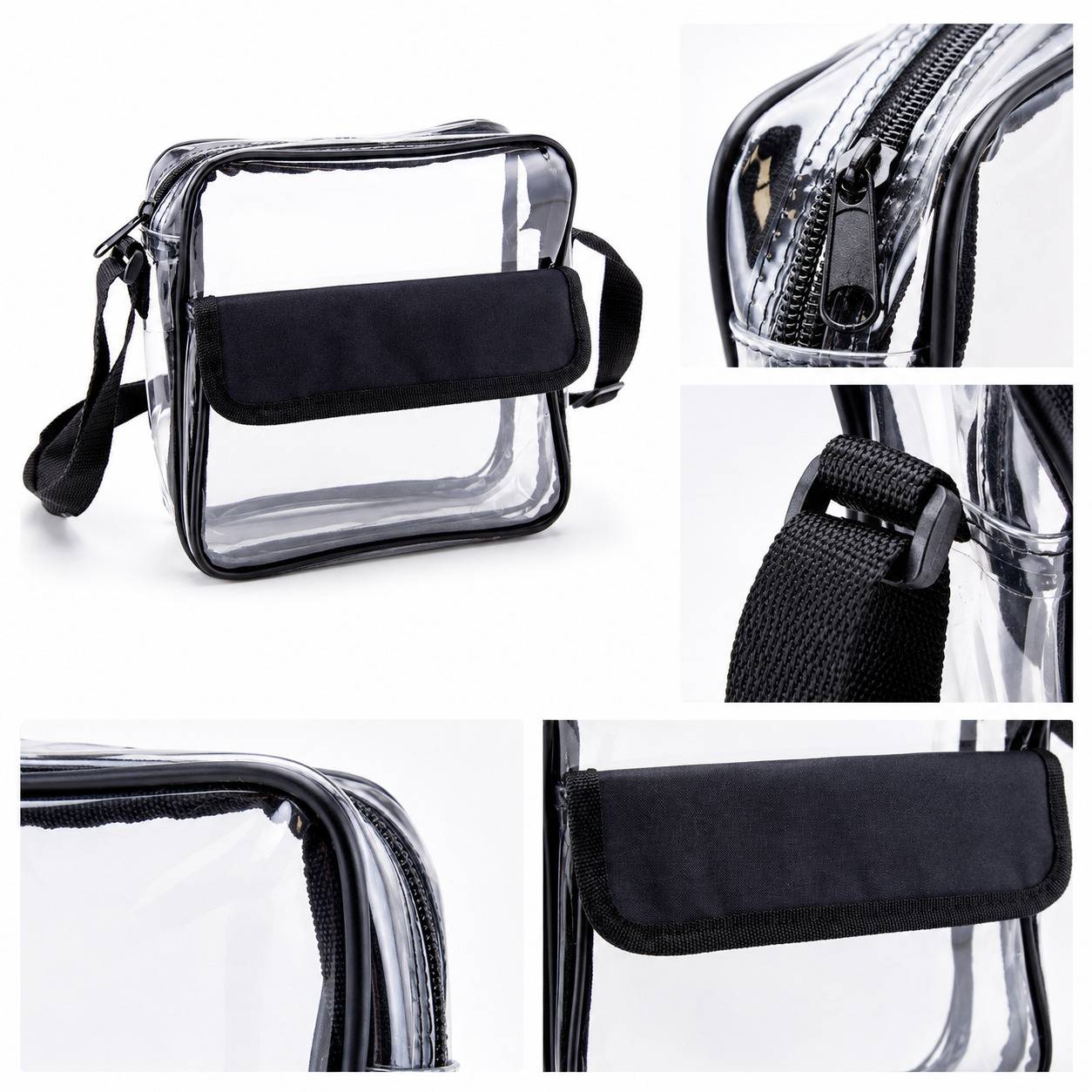 Close-up details of a clear crossbody bag: zipper, strap hook, seam stitching, velcro pocket