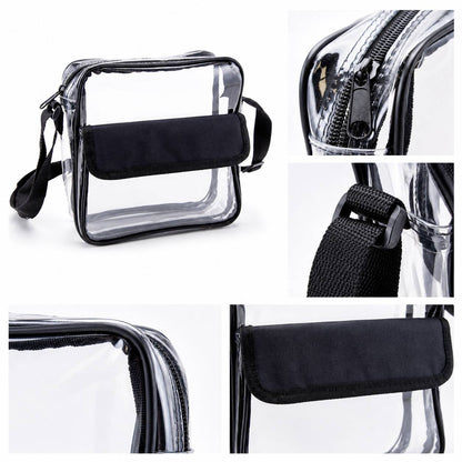 Close-up details of a clear crossbody bag: zipper, strap hook, seam stitching, velcro pocket