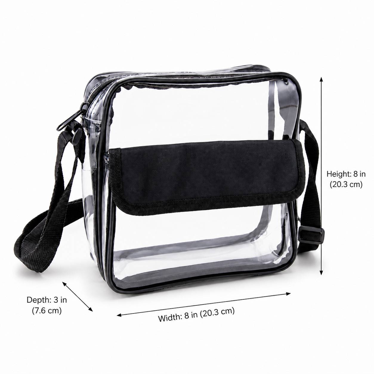 Clear cross-body bag dimensions: 8 inches high, 8 inches wide, 3 inches deep