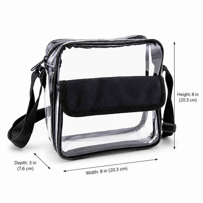 Clear cross-body bag dimensions: 8 inches high, 8 inches wide, 3 inches deep