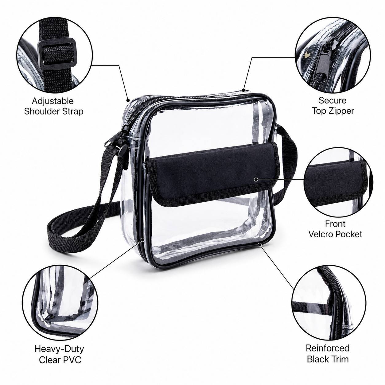 Clear messenger bag features: adjustable strap, secure zipper, front velcro pocket, heavy-duty PVC