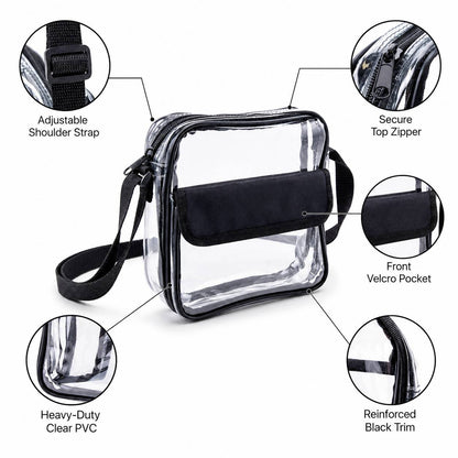 Clear messenger bag features: adjustable strap, secure zipper, front velcro pocket, heavy-duty PVC