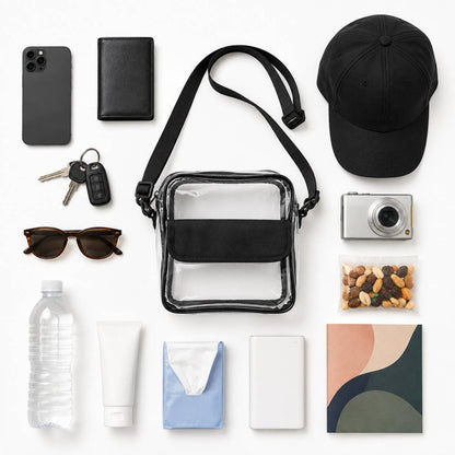 Clear crossbody bag surrounded by phone, wallet, sunglasses, water bottle, and travel essentials