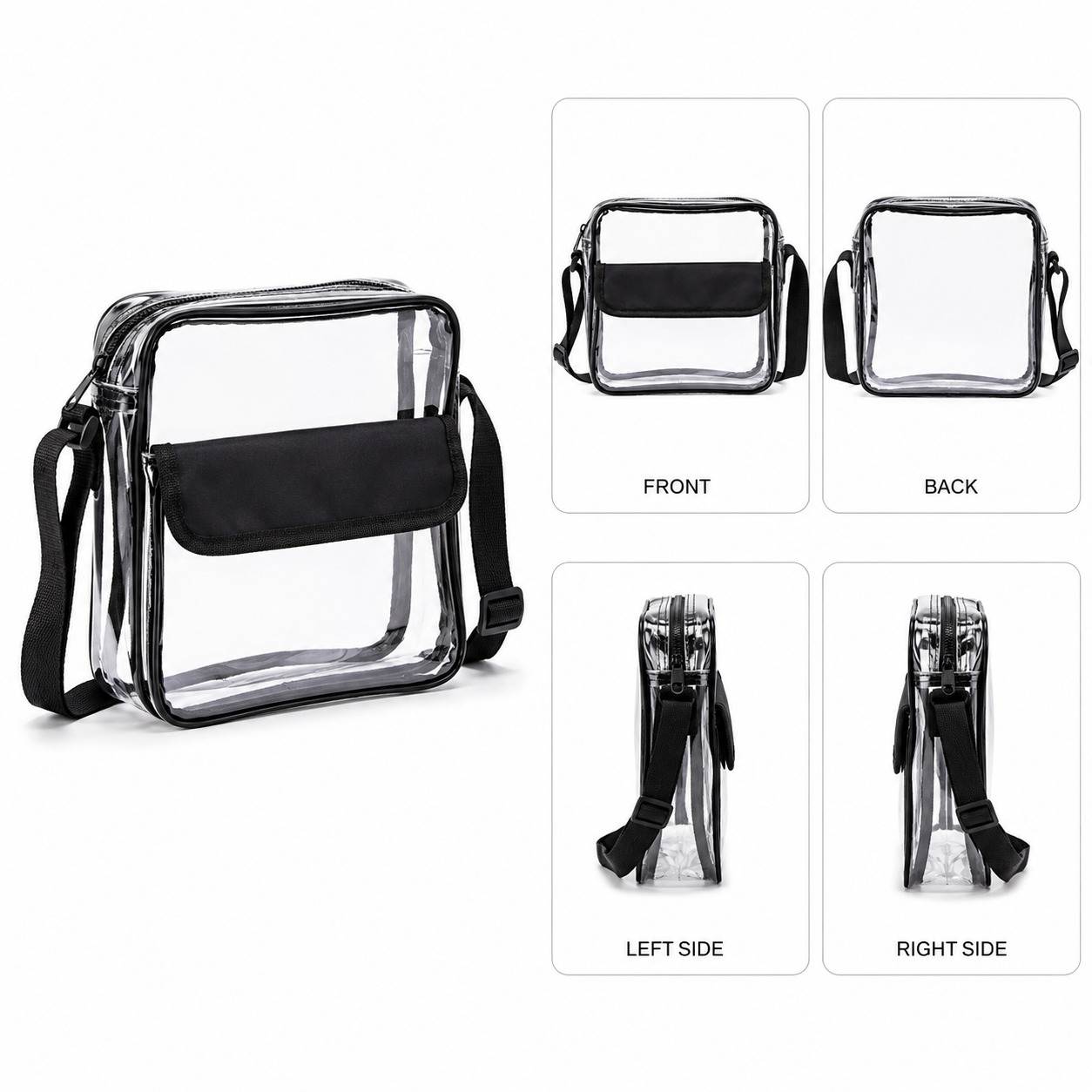 Clear cross-body messenger bag shown from front, back, left side, and right side
