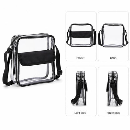 Clear cross-body messenger bag shown from front, back, left side, and right side