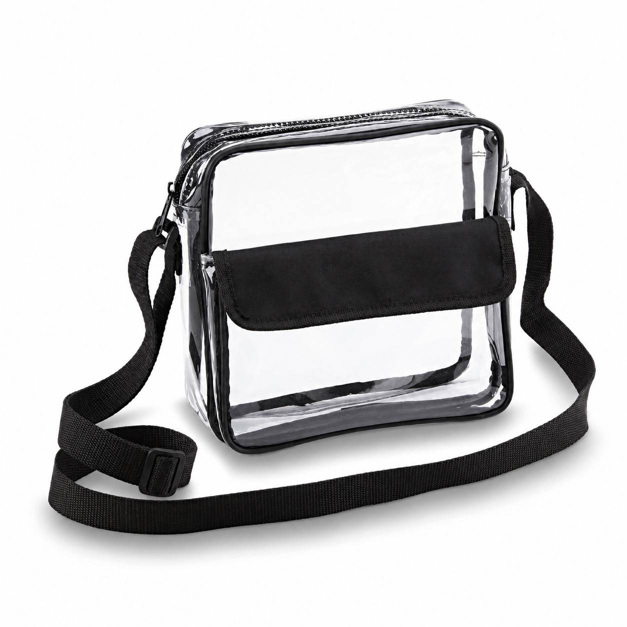 Clear cross-body messenger bag in black, empty, front angled view