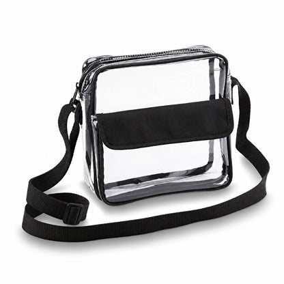 Clear cross-body messenger bag in black, empty, front angled view