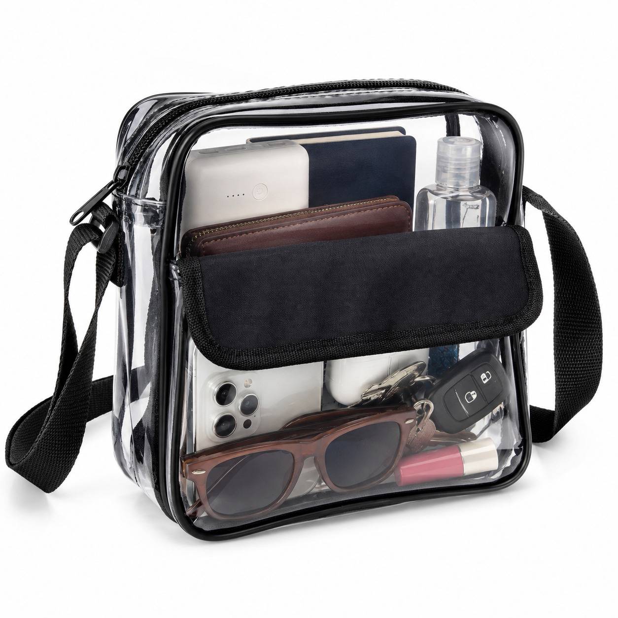 Clear cross-body messenger bag in black with phone, wallet, sunglasses, and keys visible inside
