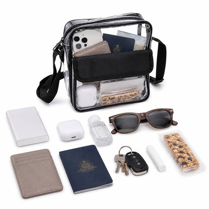 Items that fit inside a clear cross-body messenger bag: power bank, AirPods, sunglasses, passport