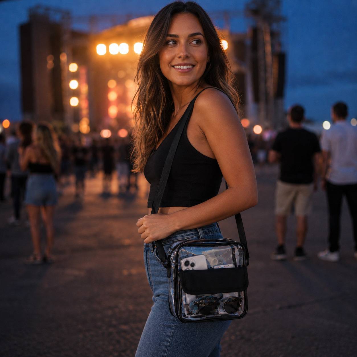 Woman wearing a clear crossbody concert bag at an evening festival with stage lights