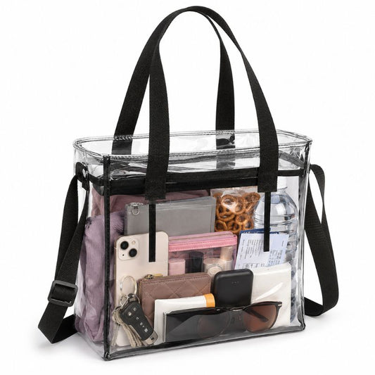 Black-trim clear crossbody tote packed with a phone, wallet, keys, sunglasses, water bottle, pouch and event essentials.