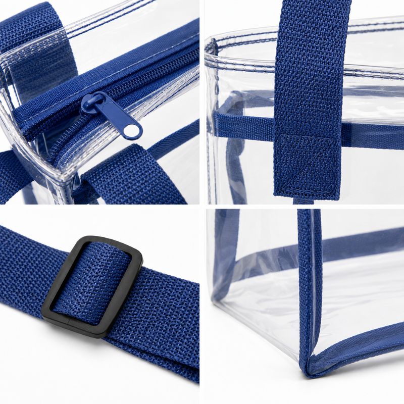 Close-up views of the navy zipper, webbing handle, adjustable strap buckle and clear PVC seams.