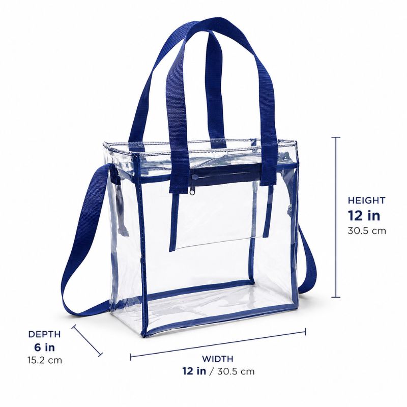 Navy clear crossbody tote with measurements showing 12-inch width, 12-inch height and 6-inch depth.