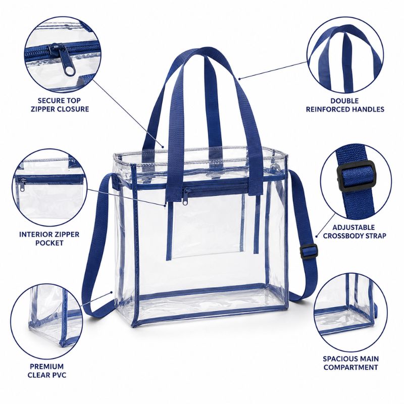 Navy clear crossbody tote showing its top zipper, interior zip pocket, dual handles and adjustable shoulder strap.