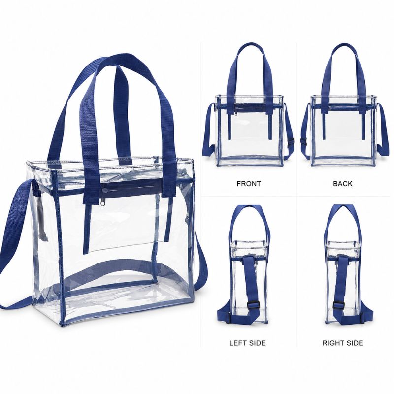 Navy-trim clear crossbody tote shown from the front, back, left side and right side.