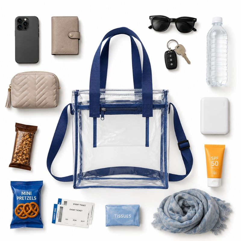 Navy clear crossbody tote surrounded by a phone, wallet, keys, sunglasses, water bottle, charger and other small essentials.
