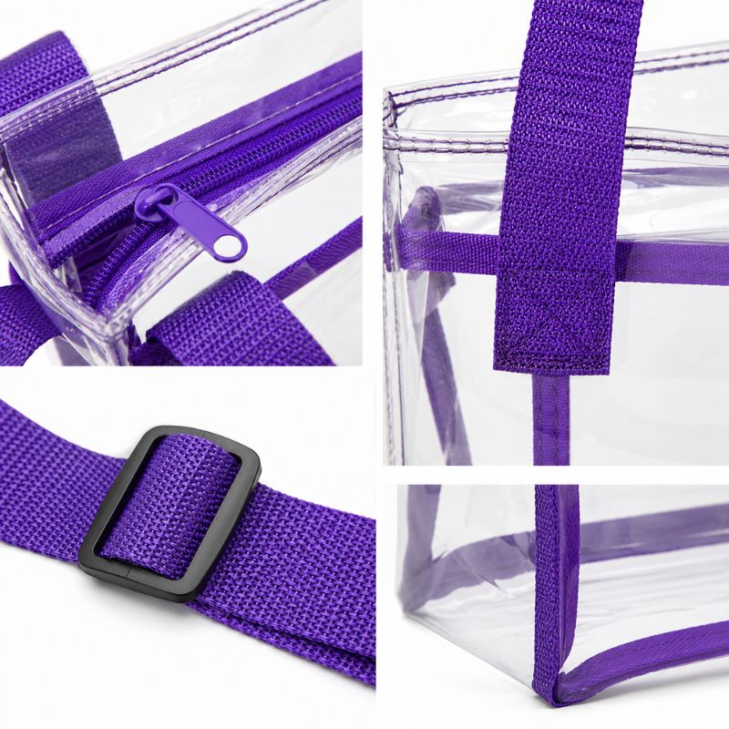 Close-up views of the purple zipper, webbing handle, adjustable strap buckle and clear PVC seams.