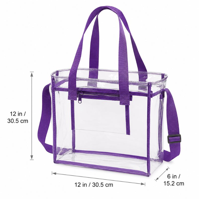 Purple clear crossbody tote with measurements showing 12-inch width, 12-inch height and 6-inch depth.