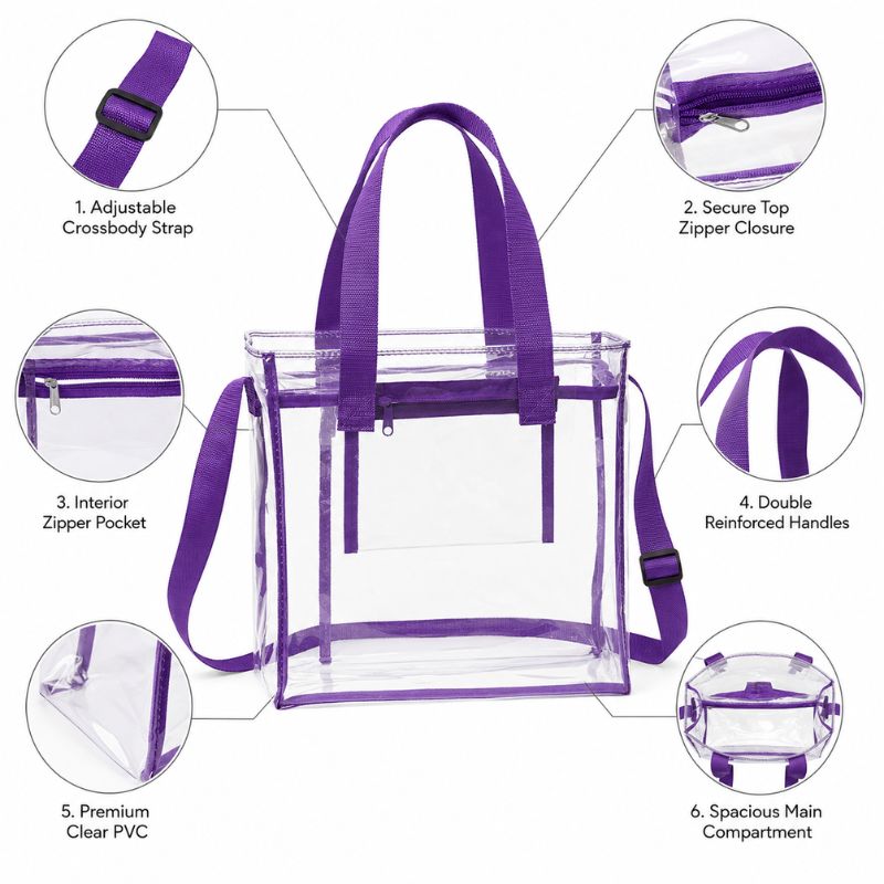 Purple clear crossbody tote showing its adjustable strap, top zipper, interior zip pocket, carry handles and clear PVC body.