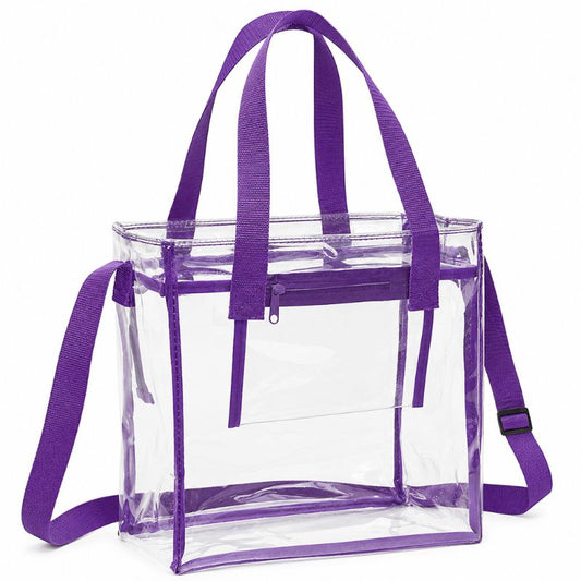 Clear crossbody tote with purple trim, dual handles, top zipper and adjustable shoulder strap.