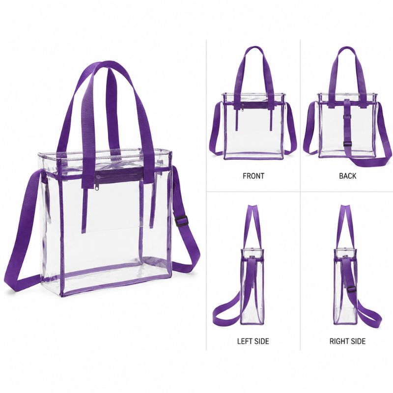 Purple-trim clear crossbody tote shown from the front, back, left side and right side.
