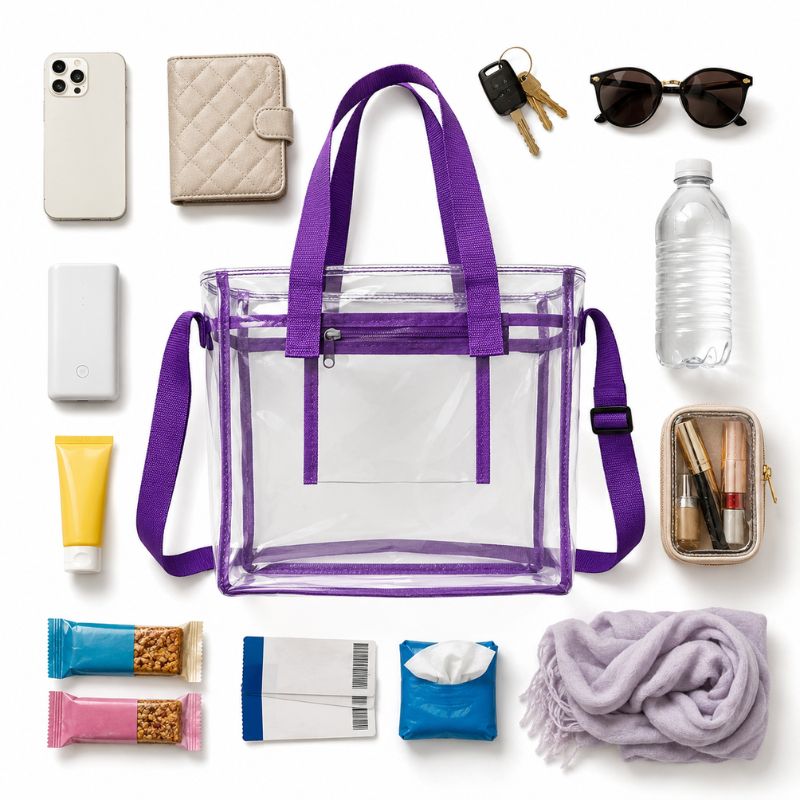 Purple clear crossbody tote surrounded by a phone, wallet, keys, sunglasses, water bottle, charger and small personal items.