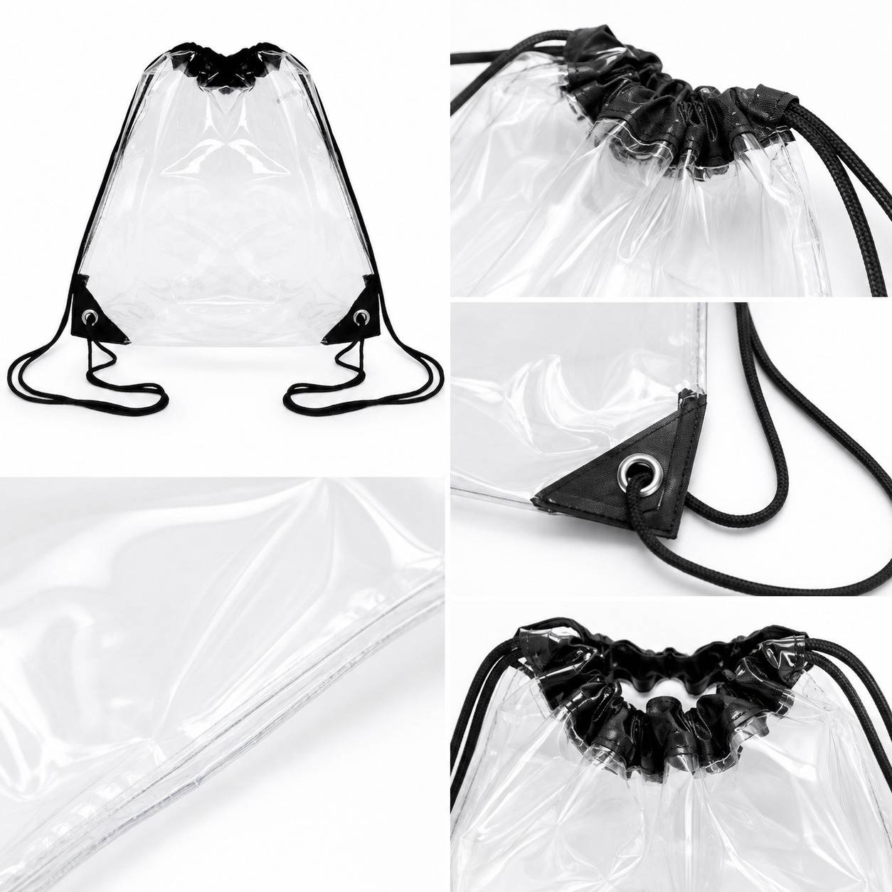 Close-up detail collage of the clear drawstring backpack showing the vinyl seam and drawstring closure.