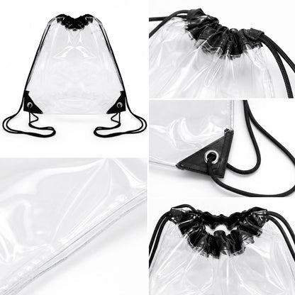 Close-up detail collage of the clear drawstring backpack showing the vinyl seam and drawstring closure.