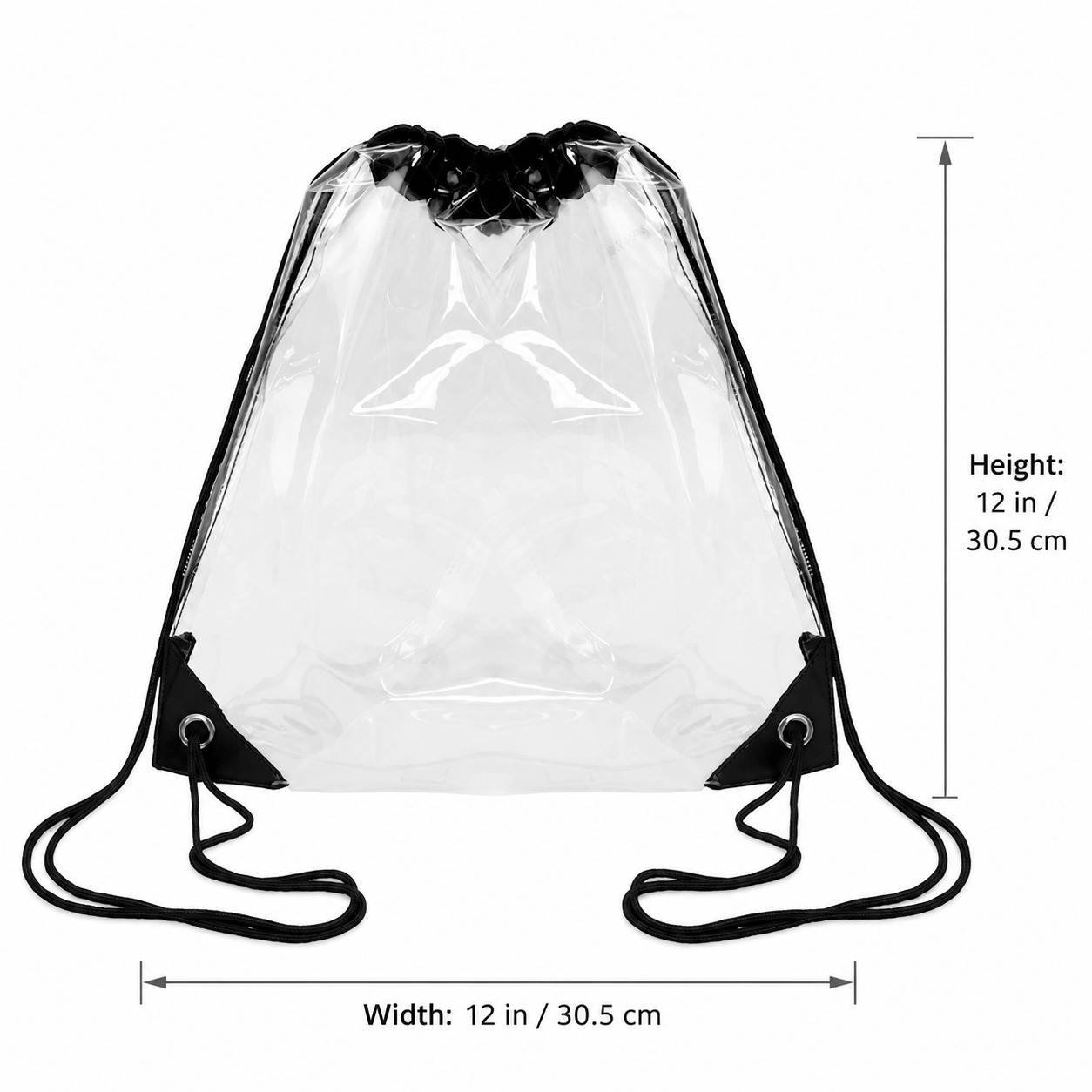 Dimension chart showing the clear drawstring backpack measuring 12 inches high by 12 inches wide.