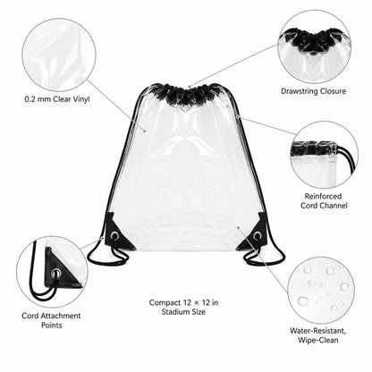 Diagram of the clear drawstring backpack highlighting the vinyl material, drawstring closure, and water-resistant coating.