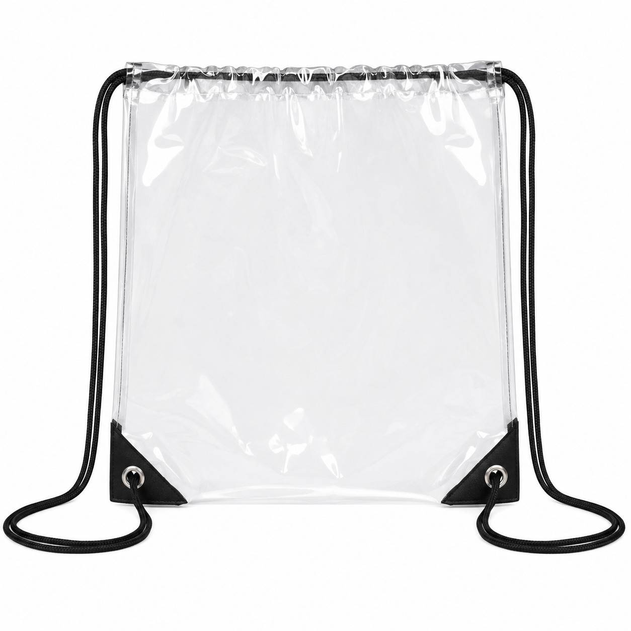 Clear drawstring backpack bag shown flat and empty with black corner accents.