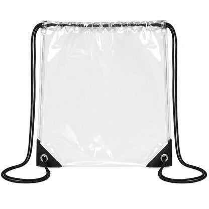 Clear drawstring backpack bag shown flat and empty with black corner accents.