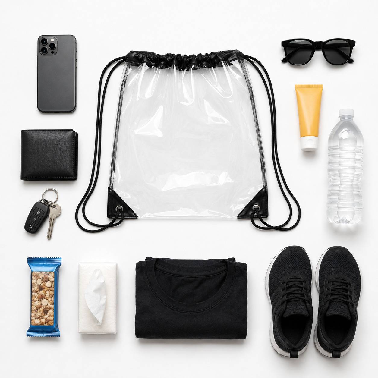 Top-down flatlay of the clear drawstring backpack bag surrounded by a phone, wallet, keys, sunglasses, and snacks.