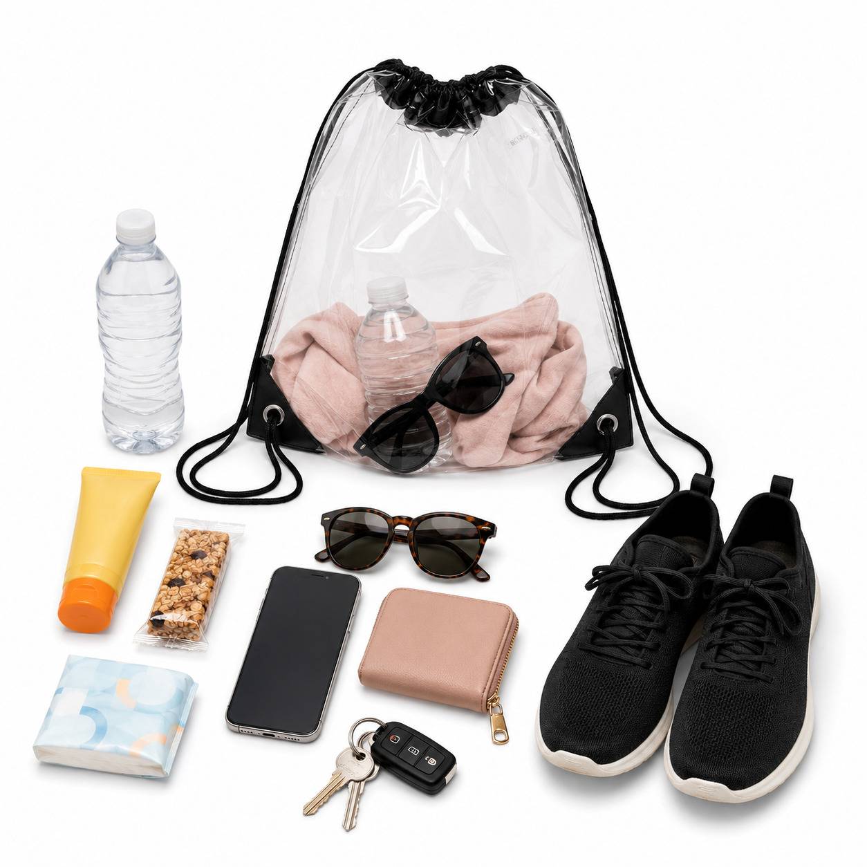 Clear drawstring backpack with a towel and water bottle inside, surrounded by sunglasses, sneakers, and sunscreen.