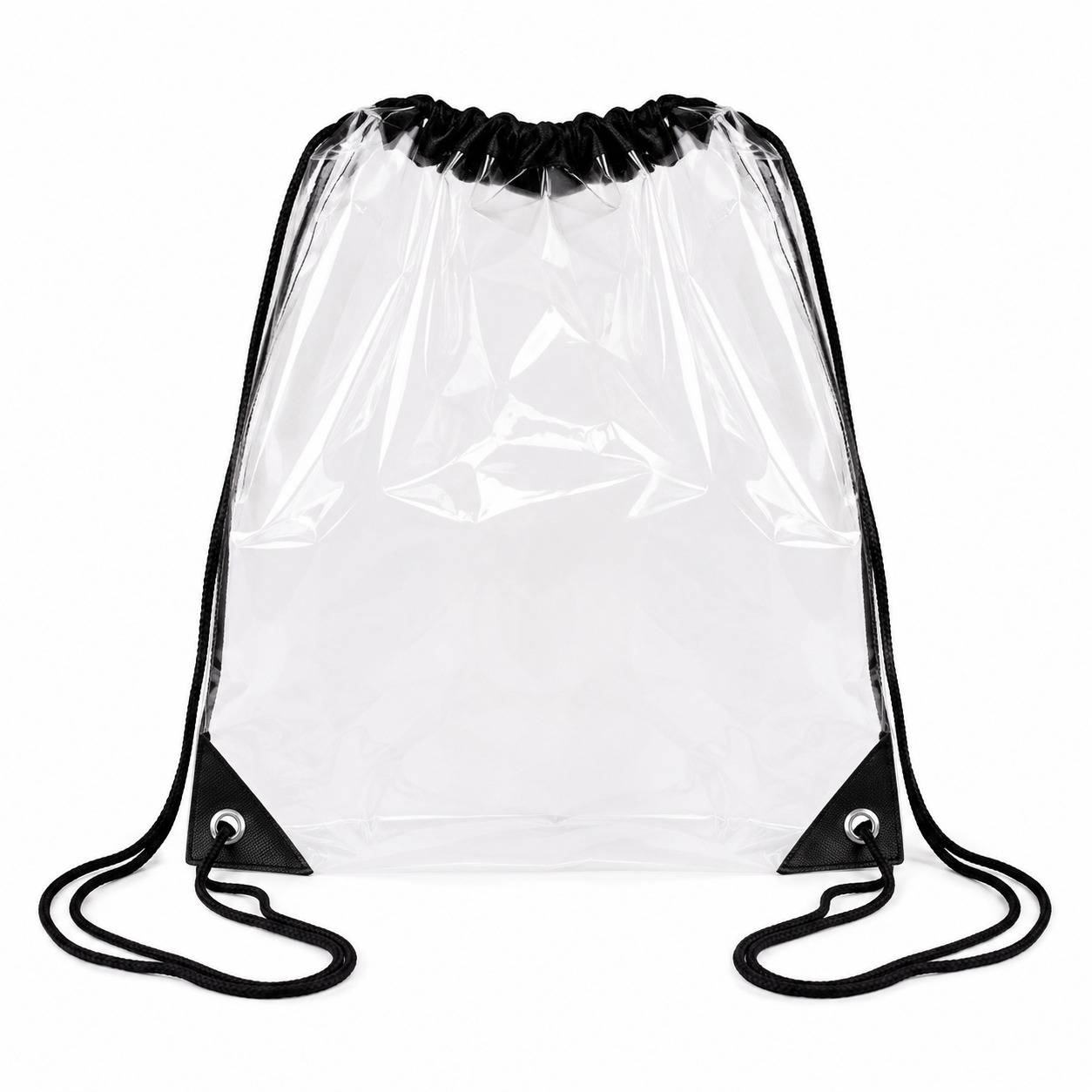 Clear drawstring backpack bag with black trim, shown empty from the front.