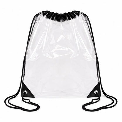 Clear drawstring backpack bag with black trim, shown empty from the front.