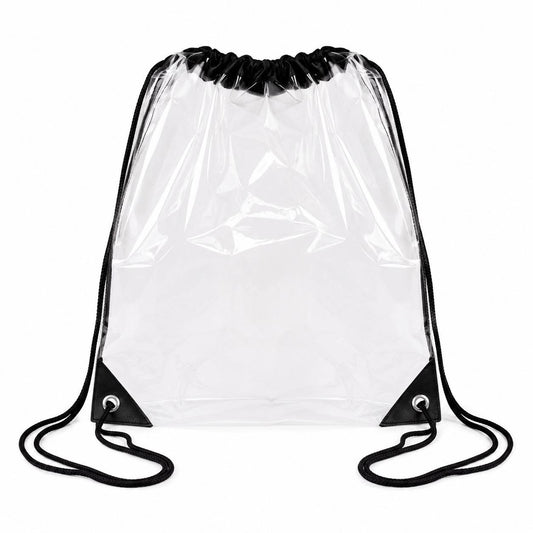 Clear drawstring backpack bag with black trim, shown empty from the front.